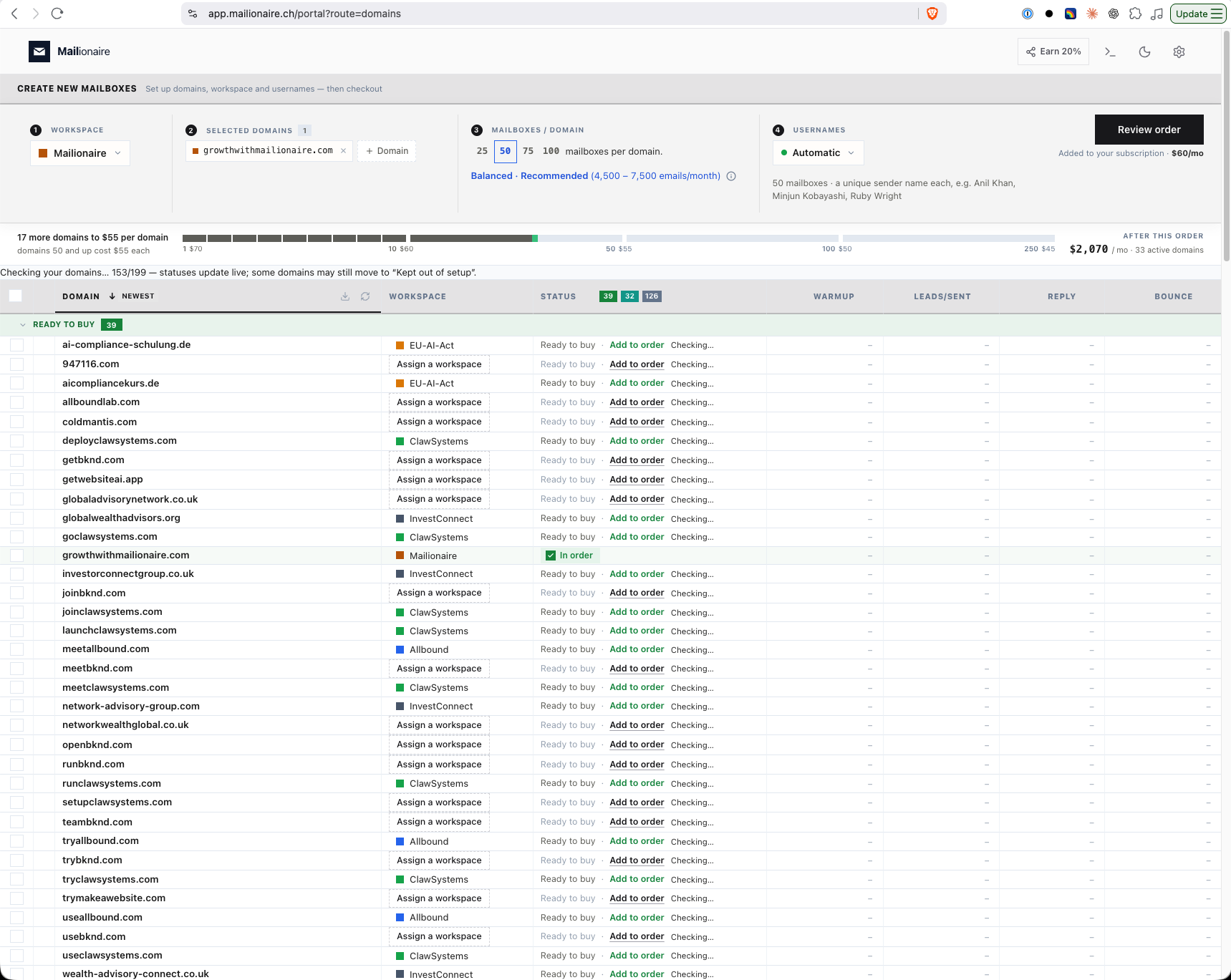 Mailionaire domain management interface showing mailbox ordering and domain statuses
